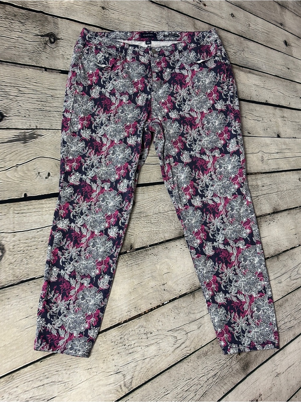 Charter Club Navy Floral Bristol Skinny Ankle Jeans with Pink & White Accents